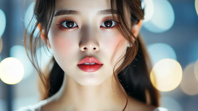A stunning closeup of a beautiful Korean woman in dramatic light, showcasing her glam and style in jeans and a tee.
