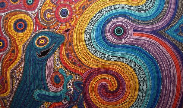 Vibrant, abstract artwork featuring a colorful lizard motif, ideal for creative projects, home decor, or branding that seeks a lively and artistic touch.