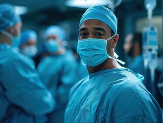 Close-up portrait of a male surgeon wearing a surgical mask and scrubs in an operating room setting. The focus is on the surgeon, with a blurred background.