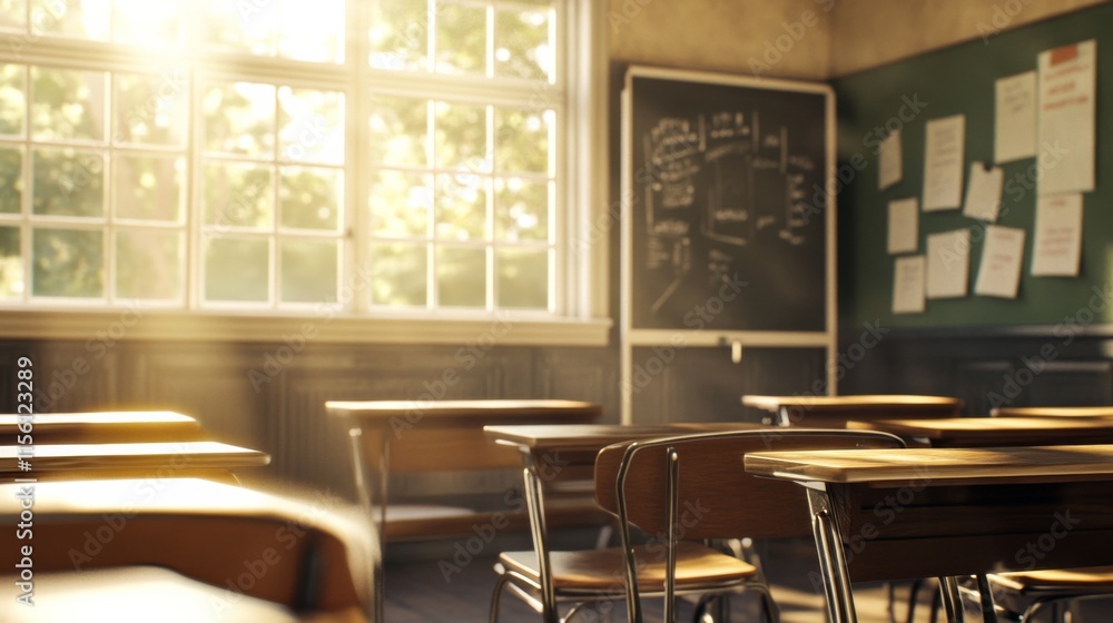 Poster bright classroom with detailed textures and dynamic angles