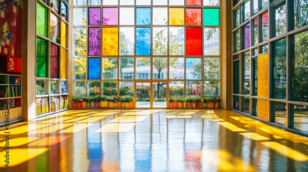 Poster bright classroom with vivid colors and dynamic angles