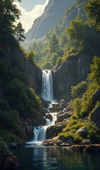 A serene waterfall cascading through lush greenery, surrounded by majestic mountains. Perfect for nature lovers and travel enthusiasts seeking tranquility.
