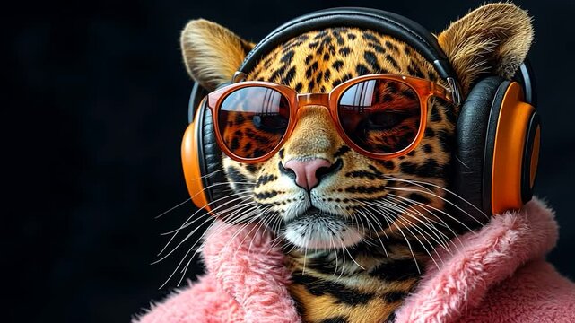 Stylish leopard with headphones and sunglasses exudes coolness, perfect for slow motion video themes