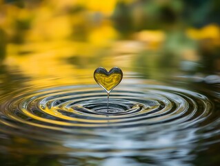 a heart-shaped object dropping into water creating concentric ripples, reflecting golden light, creating a magical and warm scene