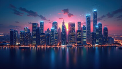 Naklejka premium Stunning city skyline at twilight with vibrant colors reflecting on the water. Ideal for business, real estate, and urban development themes.