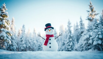 Naklejka premium Cheerful snowman stands in snowy forest. Clear blue sky above. Winter scene. Snowman wears hat, red scarf. Festive, joyful atmosphere. Snowy trees surround snowman. Peaceful, beautiful winter