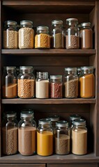 A wooden shelf filled with organized jars of various grains, spices, and powders, showcasing a minimalist and aesthetic approach to food storage.