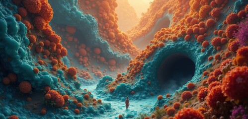 Discover a vibrant, surreal landscape filled with colorful microbial structures, evoking a sense of exploration and wonder in a fantastical world.