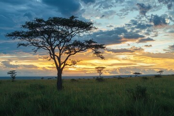 Silhouette of tree against vibrant evening sky.