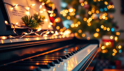 Christmas piano decorated with lights, festive tree. Piano keyboard showcased with warm holiday lighting. Cozy winter scene. Christmas music concept. Festive ambiance. Perfect for holiday cards music