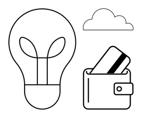 Lightbulb represents ideas, cloud symbolizes technology, wallet with credit card depicts finance and savings. Ideal for business concepts, tech startups, financial planning, cloud computing