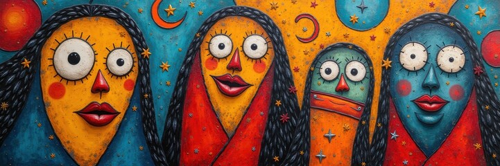 Colorful abstract portrait of four women with expressive features, perfect for art, culture, and diversity-themed projects.