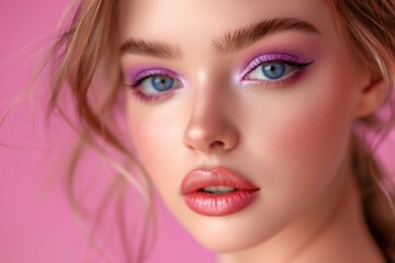 Close-up portrait of a young woman with blue eyes and pink makeup on a pink background, highlighting her features in a professional style.
