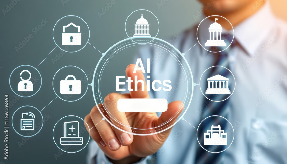 Poster businessman interacts with virtual ai ethics interface. touches ai ethics concept on digital screen.