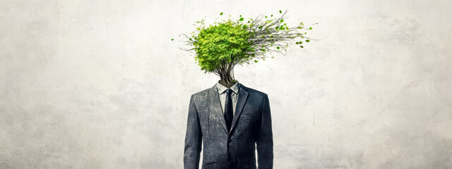 Businessman transforming into tree symbolizing green business practices