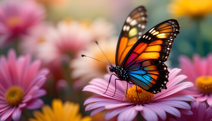 Fototapeta premium A colorful butterfly perched on a bouquet of flowers, ready for its next adventure