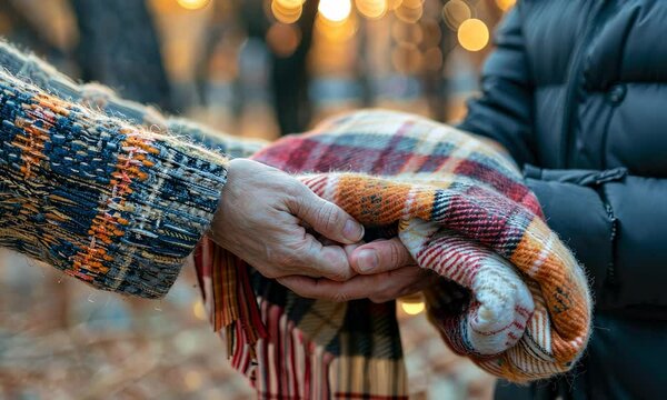 Two individuals exchanging warm, patterned blanket outdoors