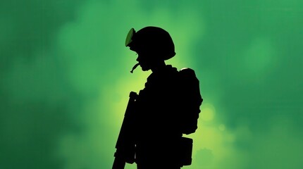Silhouette of a soldier against a green backdrop, creating a mysterious atmosphere, ideal for dramatic scenes