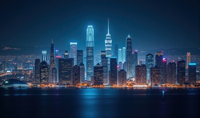 Obraz premium A stunning nighttime skyline featuring illuminated skyscrapers, showcasing urban beauty and modern architecture.