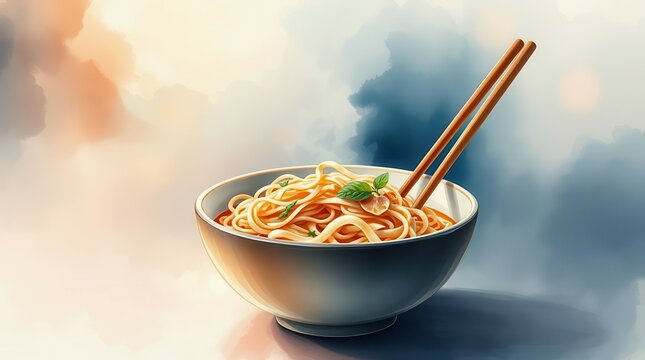 Artistic depiction of noodles in a bowl with steam, representing warmth, ideal for festive occasions