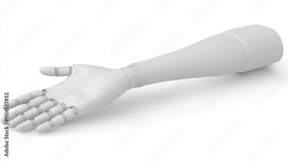 Poster 3d render of a white robotic arm extending a hand in a welcoming gesture.