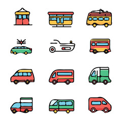 Colorful Icons Set for Transport – Vibrant and Creative Transport Icons, Stylish Vector Art for Travel and Mobility Design

