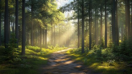 Fototapeta premium Serene Forest Path with Bright Sunlight and Modern Touches