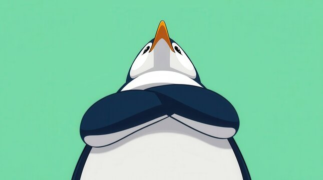 Cartoon penguin with smug expression on blue background, perfect for humor and children.