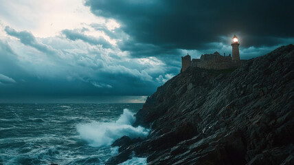 A striking lighthouse stands atop a rugged cliff, overlooking crashing waves below, set against a dramatic stormy sky, embodying resilience and maritime beauty.