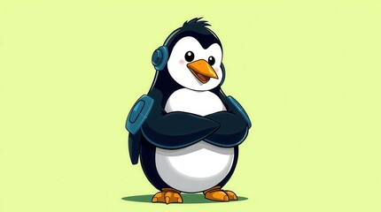 Obraz premium Cute cartoon penguin with arms crossed on green background, playful and charming for designs.
