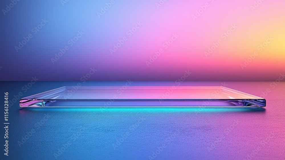 Poster a sleek, illuminated glass panel resting on a smooth surface with a gradient background.