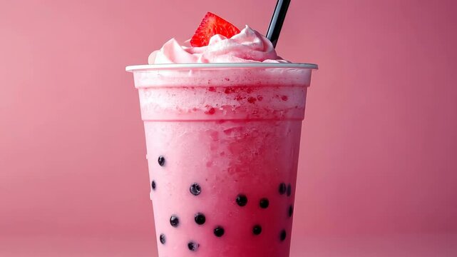 Refreshing strawberry milkshake with bubbles against a pink background captured in a dessert setting