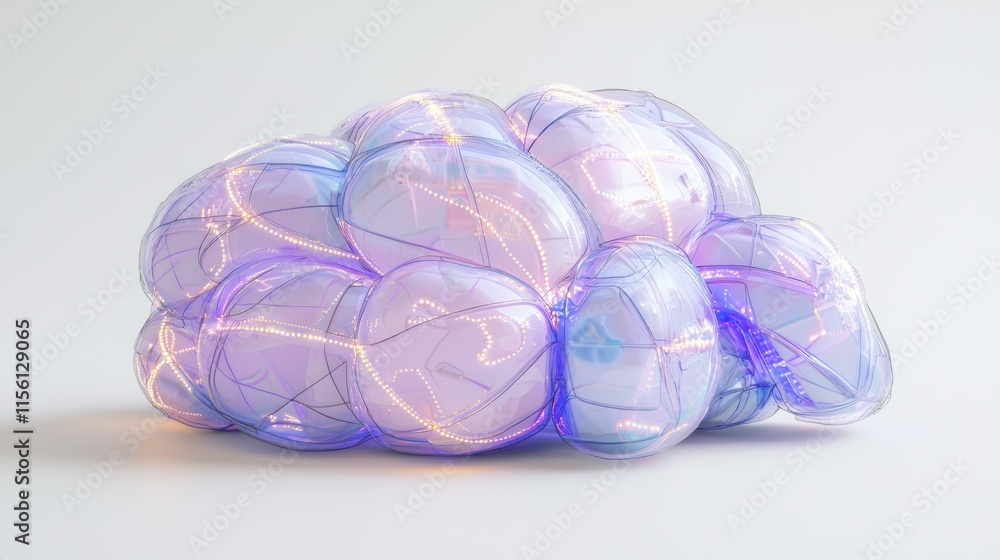 Poster abstract 3d render of translucent bubbles with glowing veins, resembling a brain or cloud.