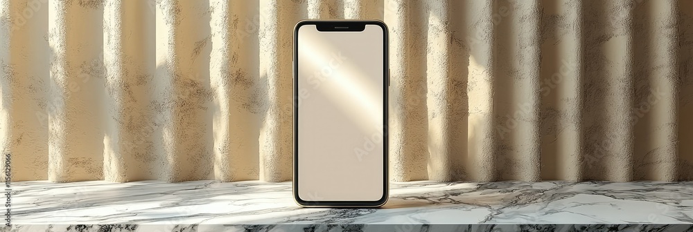 Poster a smartphone displayed on a marble surface against a textured background.