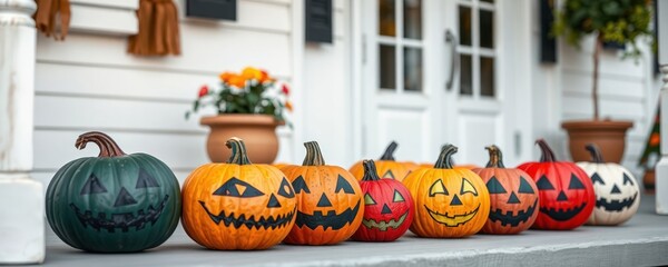 Colorful Halloween pumpkins with painted faces decorate porch. Pumpkins sit creatively on wooden porch. Ready for spooky season. Festive decoration shows autumnal creativity. Porch well decorated,