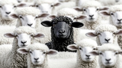 A striking image showing a single black sheep standing out amidst a group of white sheep, symbolizing uniqueness and individuality in nature with a serene setting.