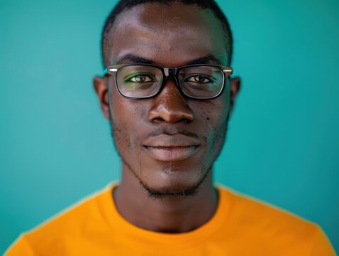 A young African man with glasses smiles confidently at the camera, set against a vibrant teal background, wearing a bright orange shirt.
