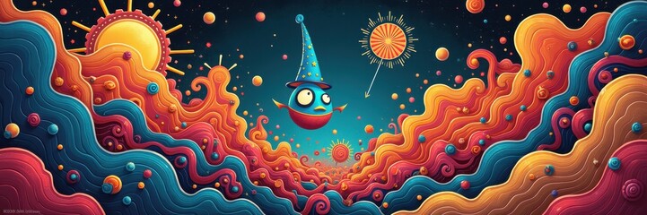A whimsical, colorful illustration featuring a playful character amidst vibrant clouds and celestial elements, perfect for children's books, apps, or imaginative designs.