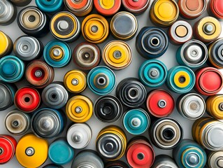 a detailed close-up shot of numerous cylindrical batteries in a variety of bright colors and metallic finishes, creating a dynamic and visually stimulating arrangement