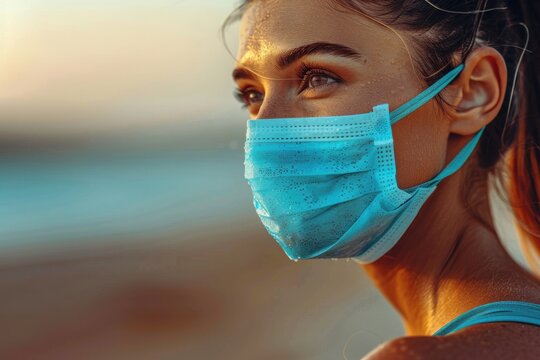 A woman wearing a protective blue face mask stands outdoors, gazing into the distance. The warm lighting suggests a sunset or sunrise setting.