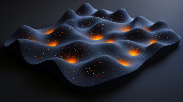 Abstract 3D rendering of a dark, undulating surface with glowing orange spots, resembling a futuristic landscape or microscopic view. - Powered by Adobe