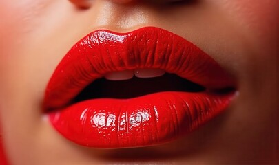 Close-up of a woman's lips adorned with glossy red lipstick, perfect for beauty, cosmetics, and fashion industries.