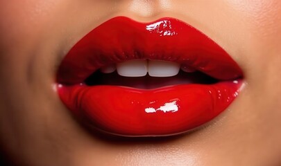 Obraz premium Close-up of perfectly styled red lips, showcasing a glossy finish and white teeth, ideal for beauty, fashion, and lipstick advertising.