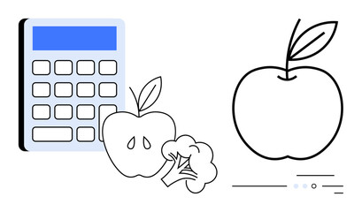 Calculator alongside an apple, broccoli, and apple outline, emphasizing budget planning for healthy eating. Ideal for financial planning, nutrition education, dietary guides, meal preparation