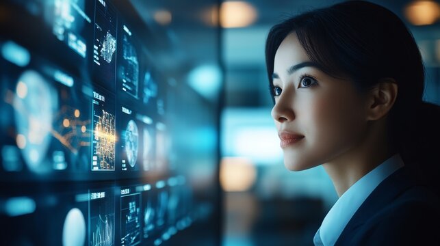 A woman in a modern office setting is deeply engaged with futuristic digital screens filled with intricate data, portraying a blend of technology and dedication in work.