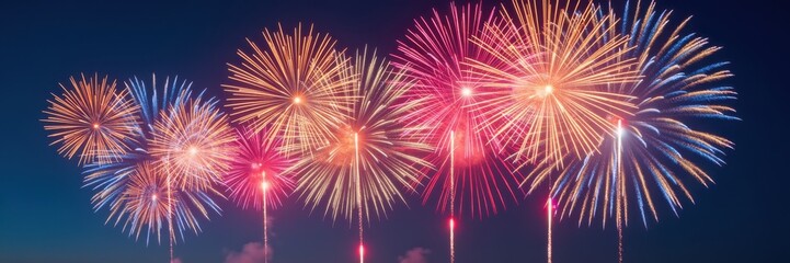 Fototapeta premium Vibrant fireworks explode in a night sky, creating a stunning display of color and light, perfect for celebrating special occasions and events.