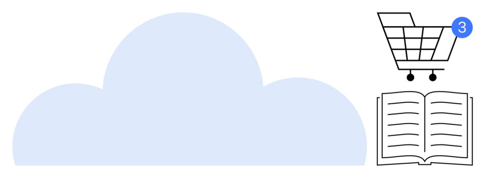 Cloud icon with shopping cart notification and open book. Ideal for e-commerce, online learning, digital libraries, cloud services, shopping, data storage, educational technology. Line metaphor