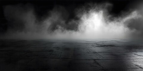 a dark and moody scene featuring a misty landscape with a subtle light source, creating a mysterious and atmospheric image suitable for various artistic or design projects