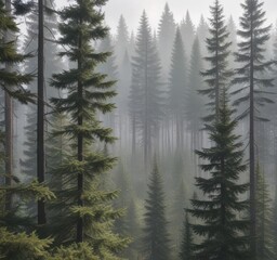Dense fir forest under misty grey sky with sunlight filtering through trees,  foliage,  retro