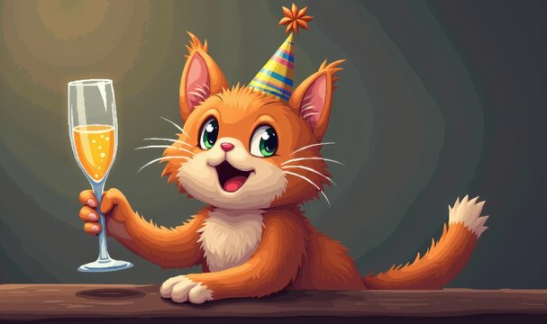 Adorable cartoon cat celebrating with a glass of champagne, perfect for birthday invitations, party decorations, and pet-themed events.